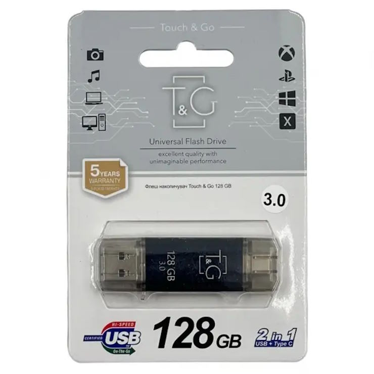 Флеш-карта «T&G» 128 Gb з USB+Type-C 2,0, чорна