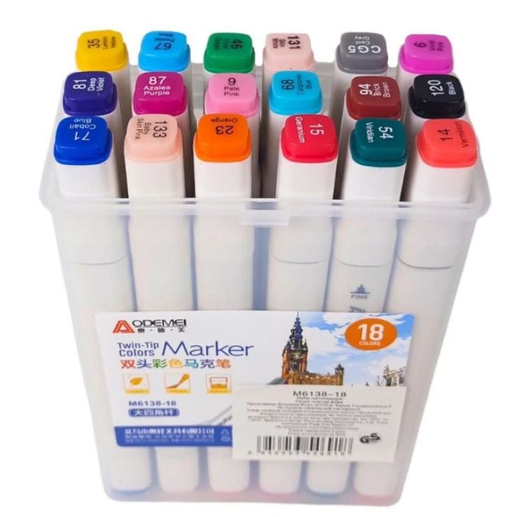 Набір скетчмаркерів «Aodemei» на 18 кольорів з кругл/скошеним наконечником, у пластиковому футлярі, ТМ J.Otten