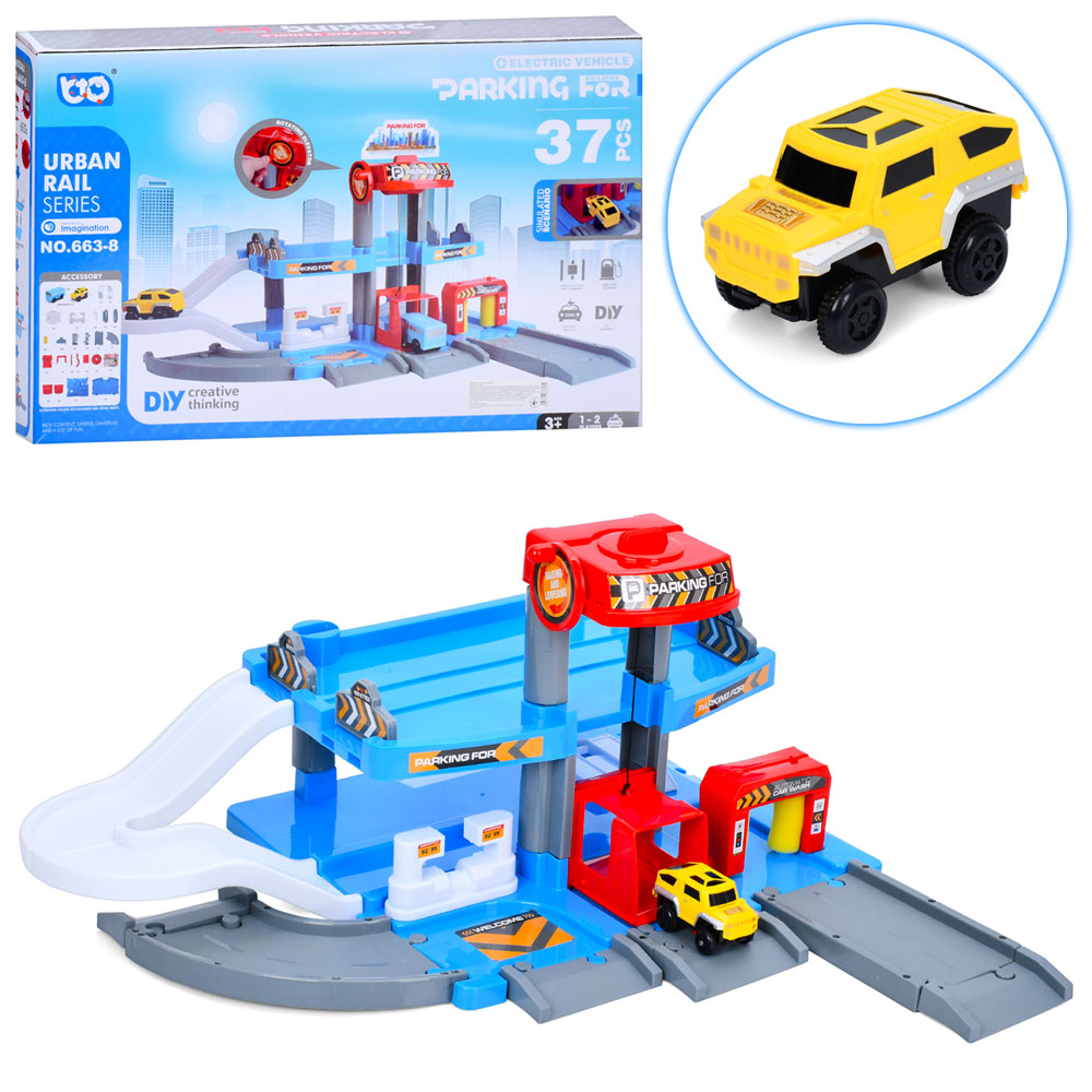 Гараж 59х52х32 см 2-поверховий на 37 деталей з машинкою 8 см та ліфтом, на батарейках, у коробці 58х11х37 см