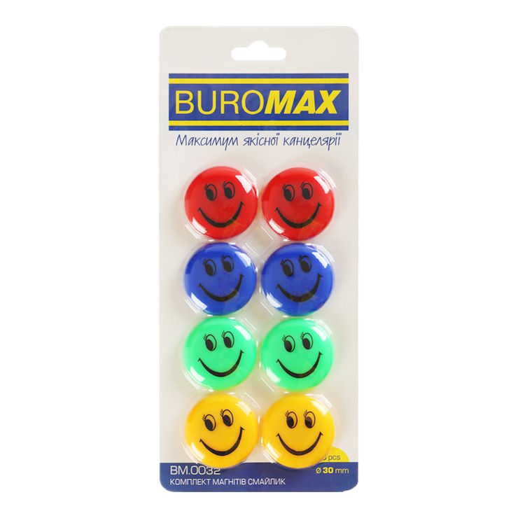 Комплект магнітів «Смайлик» коьорові 8 шт х 30 мм, ТМ Buromax
