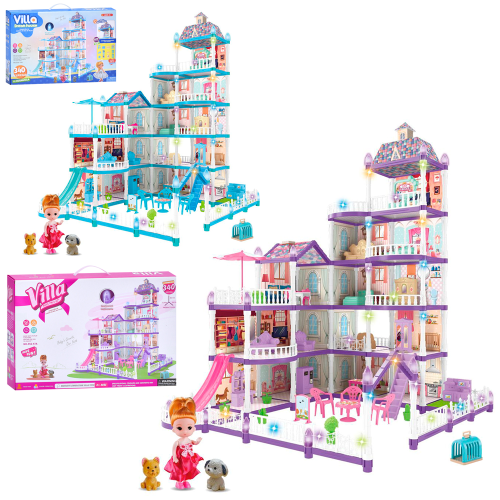 Будиночок 54,5х66,3х78 см 5-поверховий на 340 деталей зі світлом, меблями, лялькою 11см та тваринами, на батарейці, в асортименті, у коробці 48х32х10 см