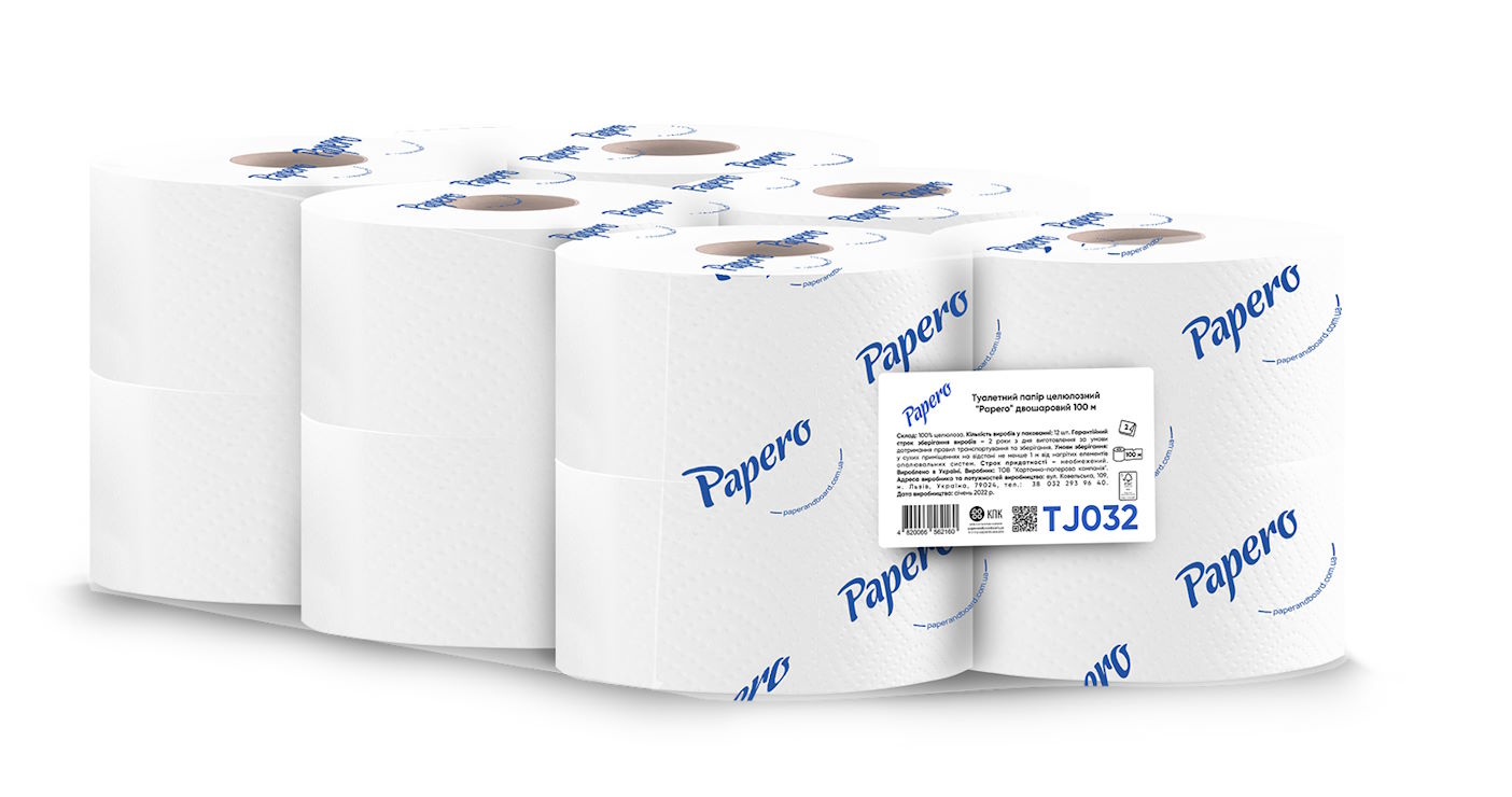 Туалетний папір «Джамбо» 100 м на гільзі двошаровий, білий, PAPERO