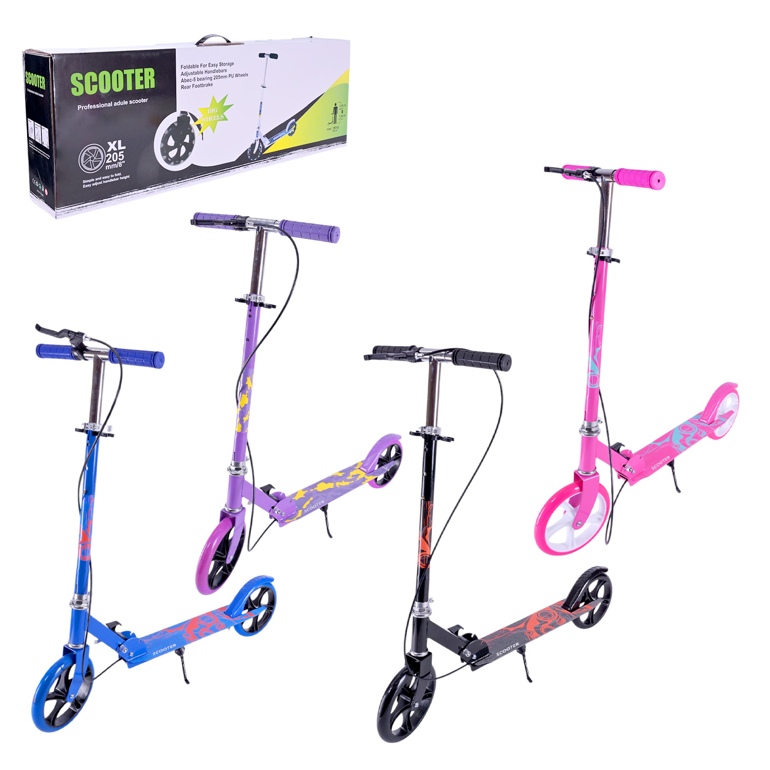 Самокат міський 2-колісний на сталевій рамі з колесами 205 мм, гальмом, в асортименті, у, коробці 77х12х27 см.