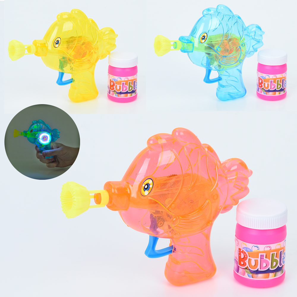 Мильні бульбашки-пістолет «Рибка» 14 см зі світлом та запаскою 6 см, на батарейці, в асортименті, у пакеті 17,5х19х4 см.