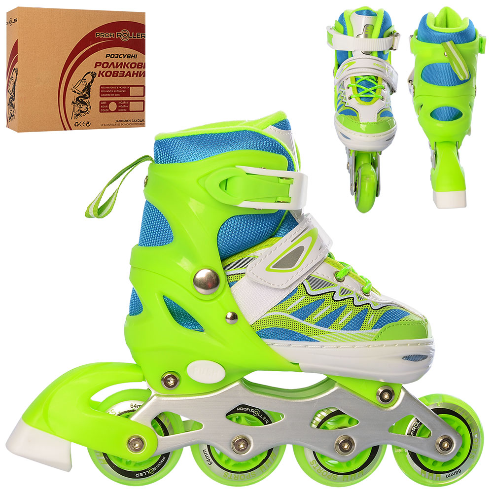Ролики розміром 31-34 розсувні, шнурівка+пряжка, алюмінієва рама, колеса ПУ 64 мм зі світлом, зелені, у коробці 35х27,5х10,5 см.