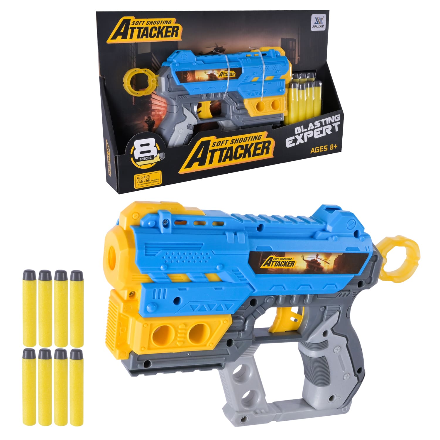 Іграшковий бластер 29 см та 8 поролонових снарядів, в асортименті, на планшеті 33х20х4,5 см