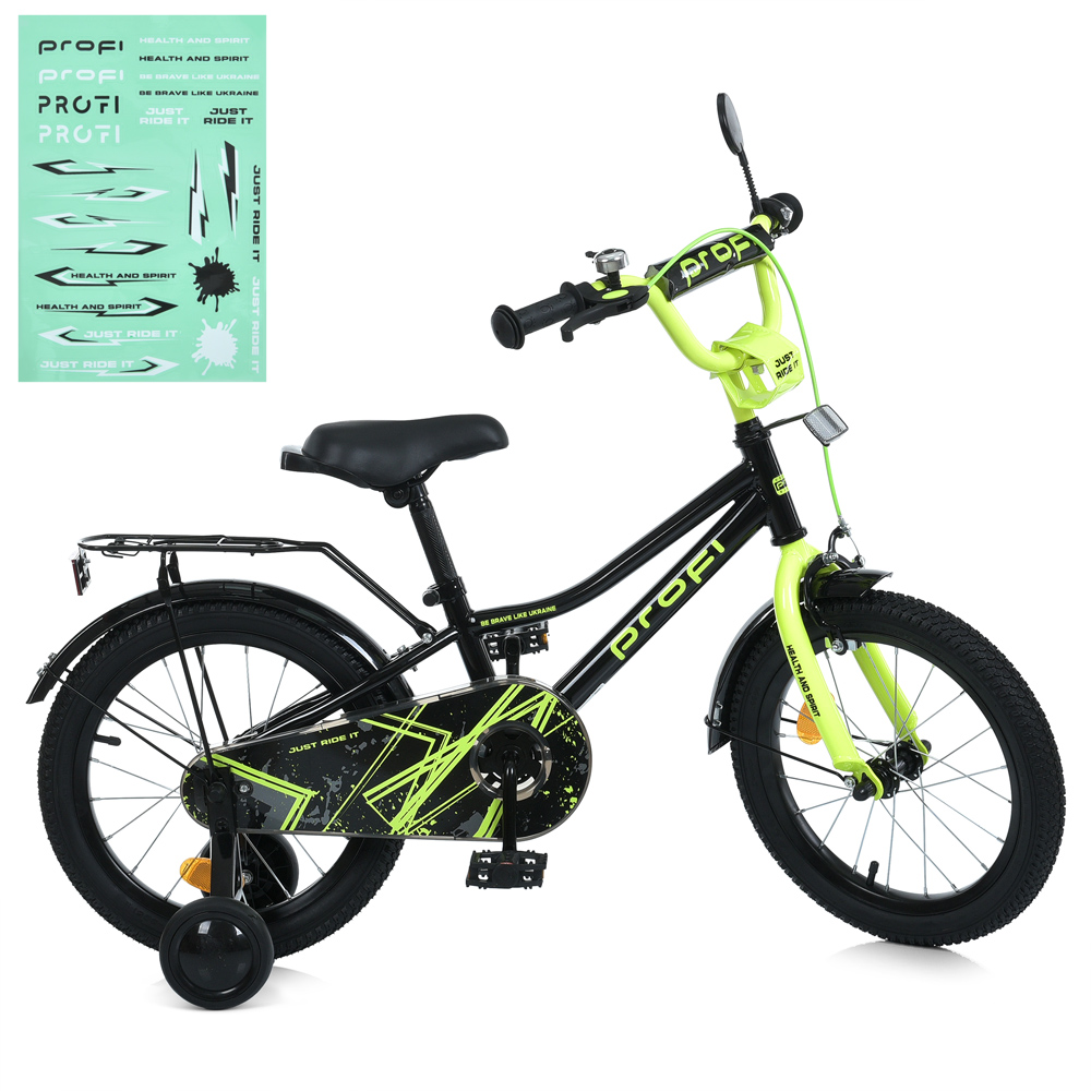 Велосипед «PROF1 PRIME» з колесами 16 дюймів, дзвінком, ліхтарем, багажником та додатковими колесами, чорно-салатовий