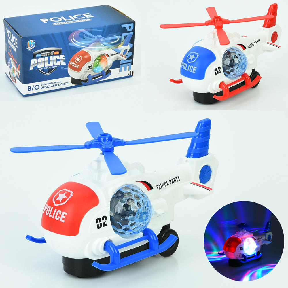 Гелікоптер «Поліція» 22 см зі звуком, 3D-світлом та рухомими деталями, їздить, на батарейці, в асортименті, у коробці 20х10х10 см.