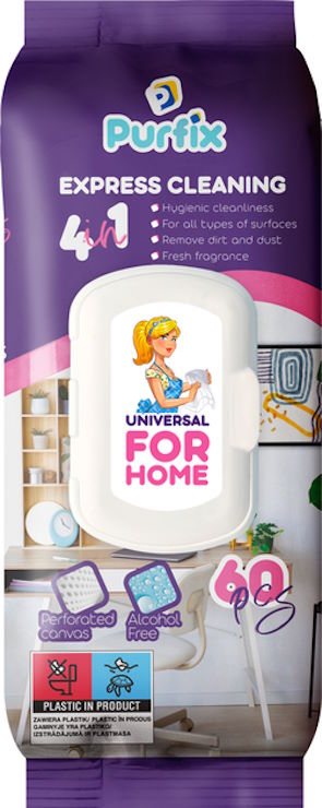 Вологі серветки «Purfix» універсальні для прибирання, 60 шт в упаковці