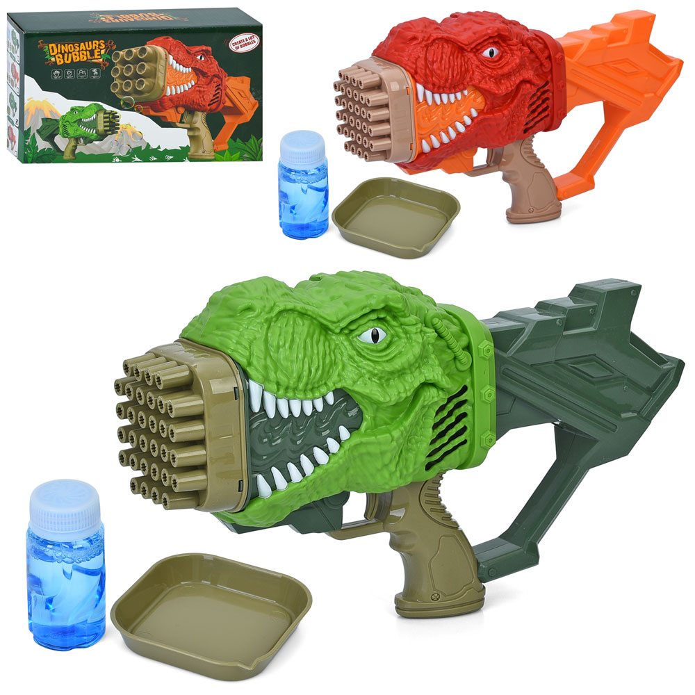 Мильні бульбашки «Динозавр» пістолет 28 см, на батарейці з запаскою 7,5 см, в асортименті, у коробці 28,5х17,5х9,5 см.