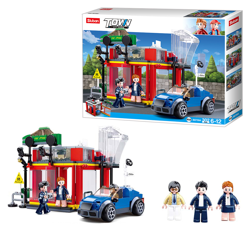 Конструктор «Автомагазин» на 302 деталі з машинкою та фігурками, у коробці 38х28,5х8 см, SLUBAN