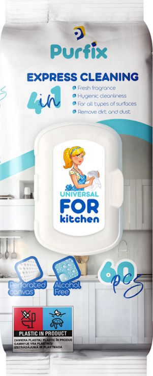 Вологі серветки «Purfix» універсальні для прибирання кухонних поверхонь 60 шт в упаовці
