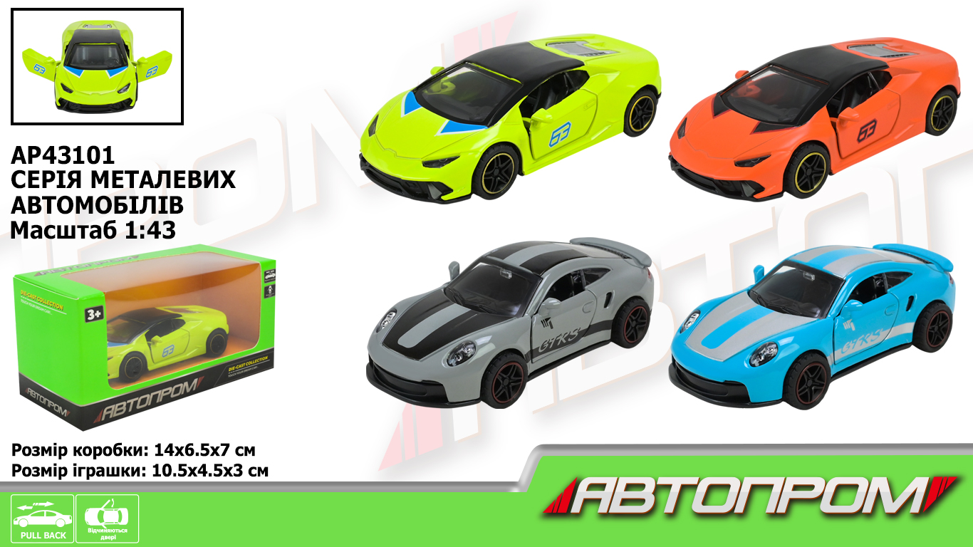 Машина 1:43 металева з дверима що відчиняються, в асортименті, у коробці 14х7х6,5 см, АВТОПРОМ