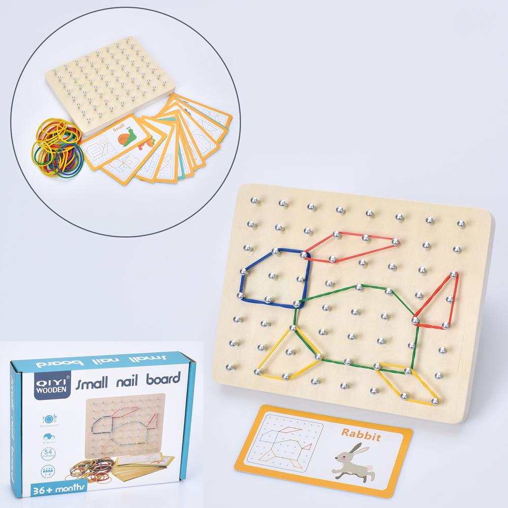 Геоборд- дошка зі штирьками 17,5х13,5х2,5 см з гумками та картками англійською, у коробці 20х14,5х4 см