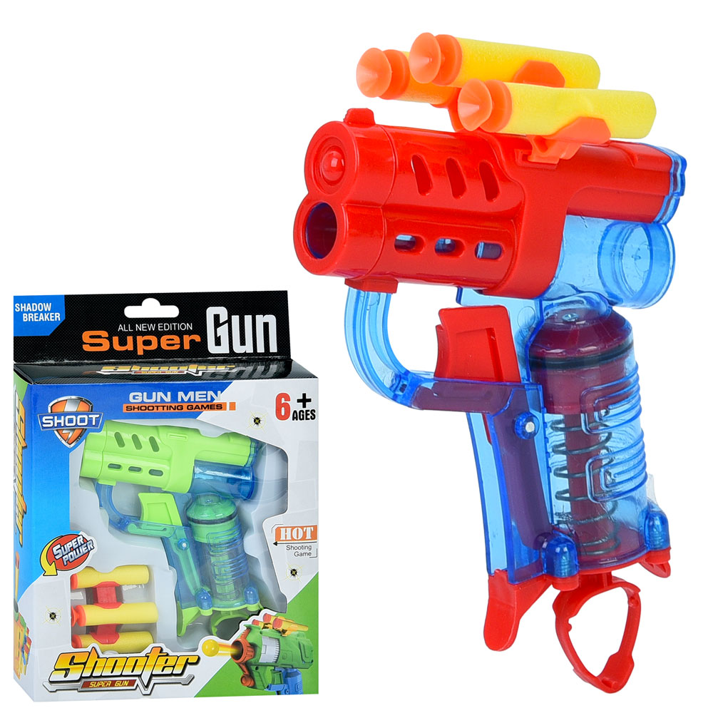 Іграшковий пістолет 11 см та 3 м'які кулі-присоски, в асортименті, у коробці 16х21х3,5 см