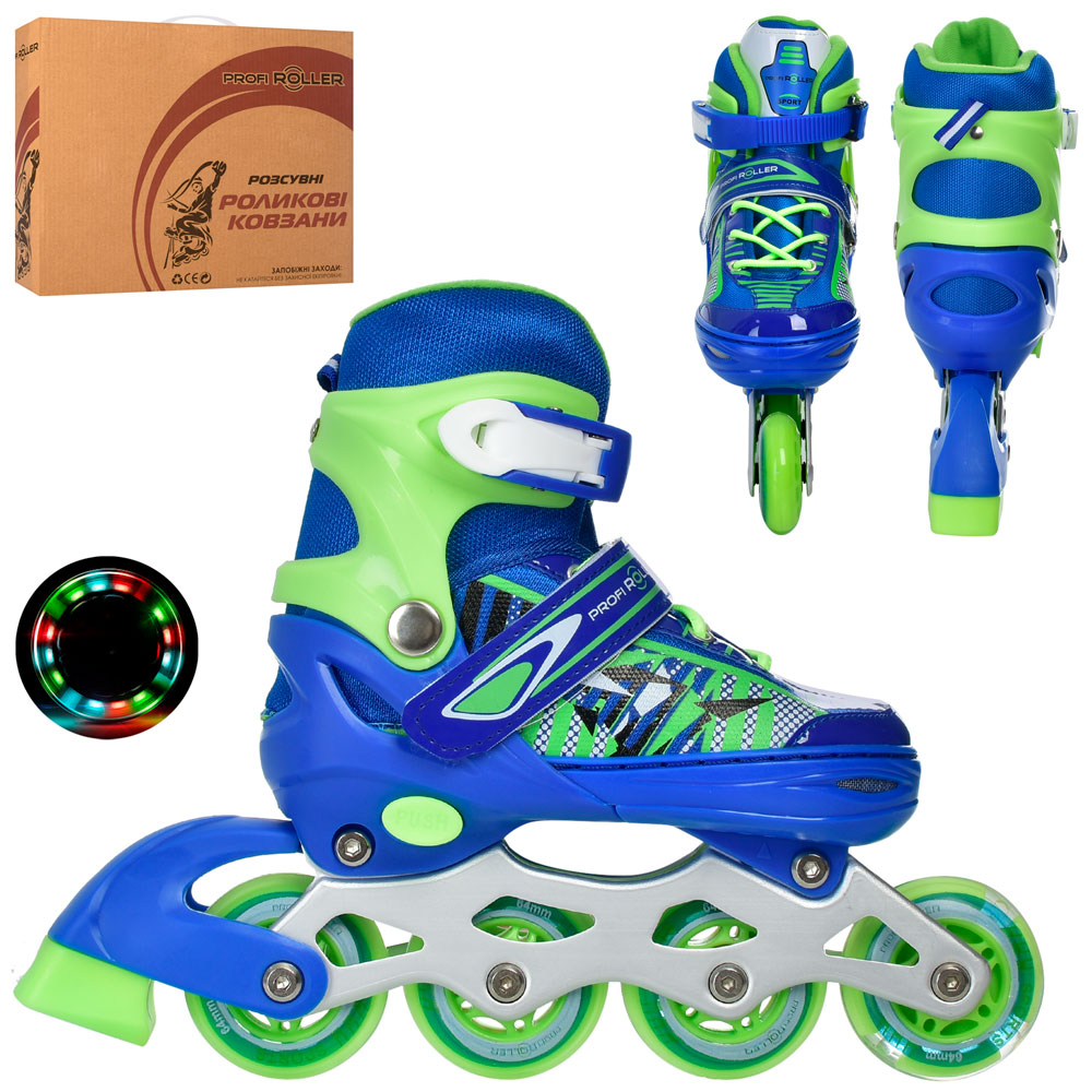 Ролики 31-34 розміру розсувні зі шнурівкою та застібкою на алюмінієваій рамі з колесами ПУ 64 мм, сині, у коробці