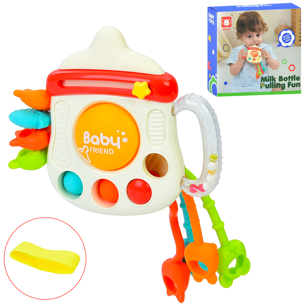 Брязкальце «Пляшечка» 11 см з рухомими деталями, прорізувачем та грою Pop it, у коробці 12х43,5х11,5 см