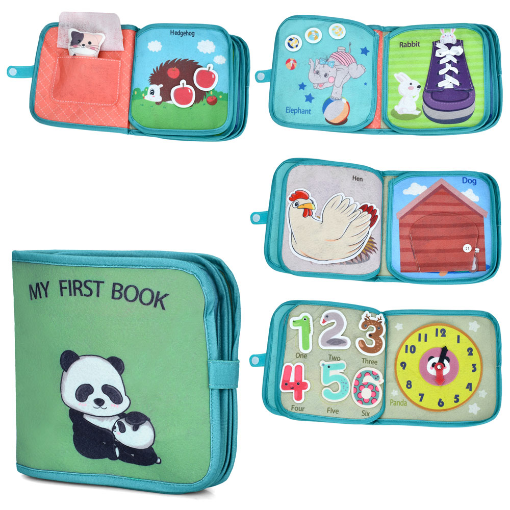 Книжка 20х21х4 см навчальна з деталями на липучках, шнурівкою, годинником та англійськими словами, у пакеті 21х23х4 см.