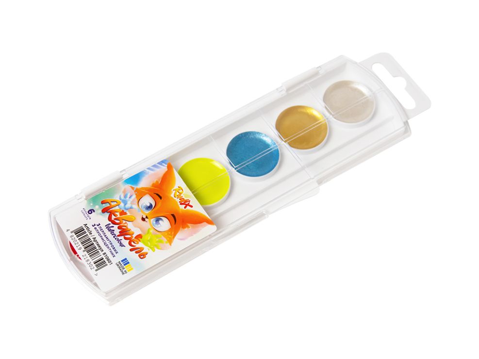 Фарби акварельні на 6 кольорів перламутрові та флуоресцентні без пензлика, RUDIX