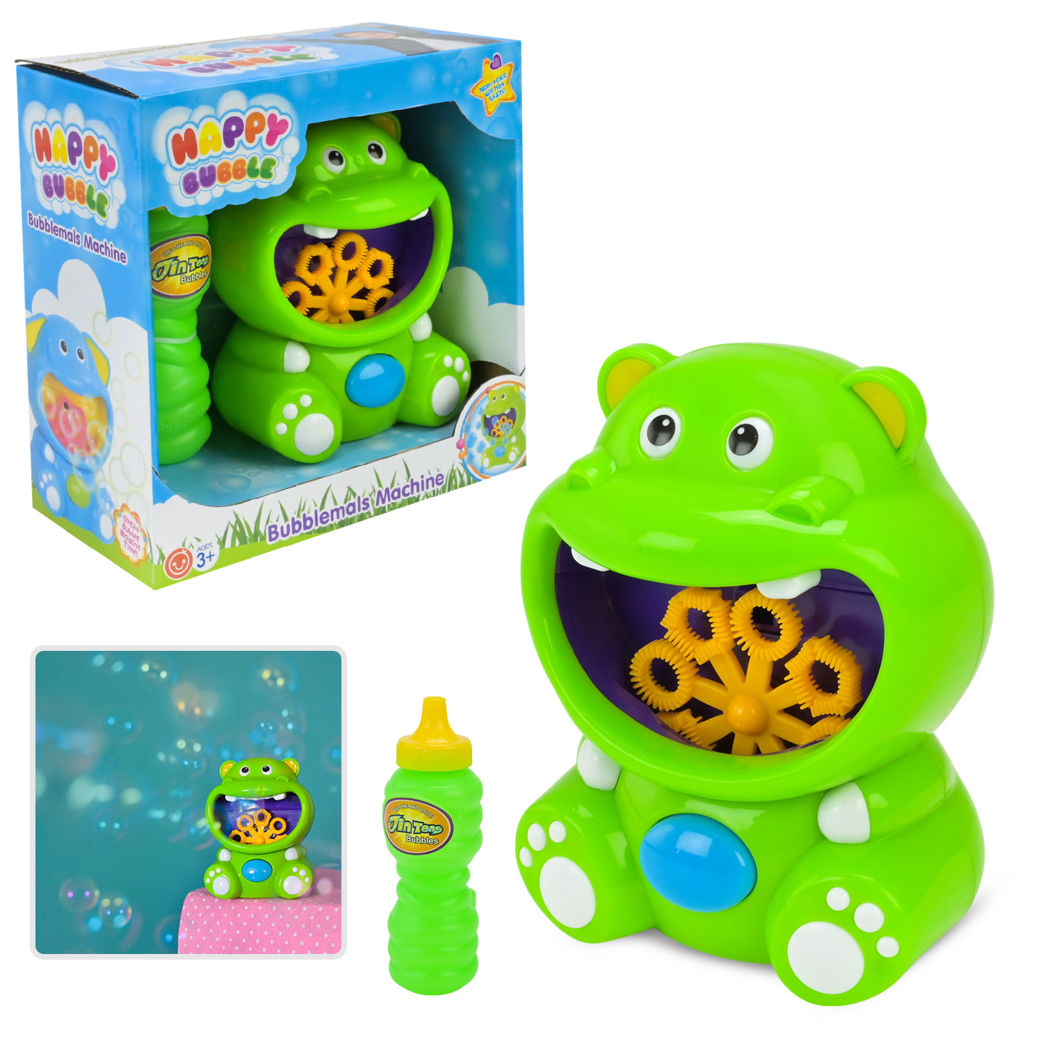 Мильні бульбашки «Бегемотик» 24х25 см з запаскою, на батаейці, у коробці 27х26х6 см