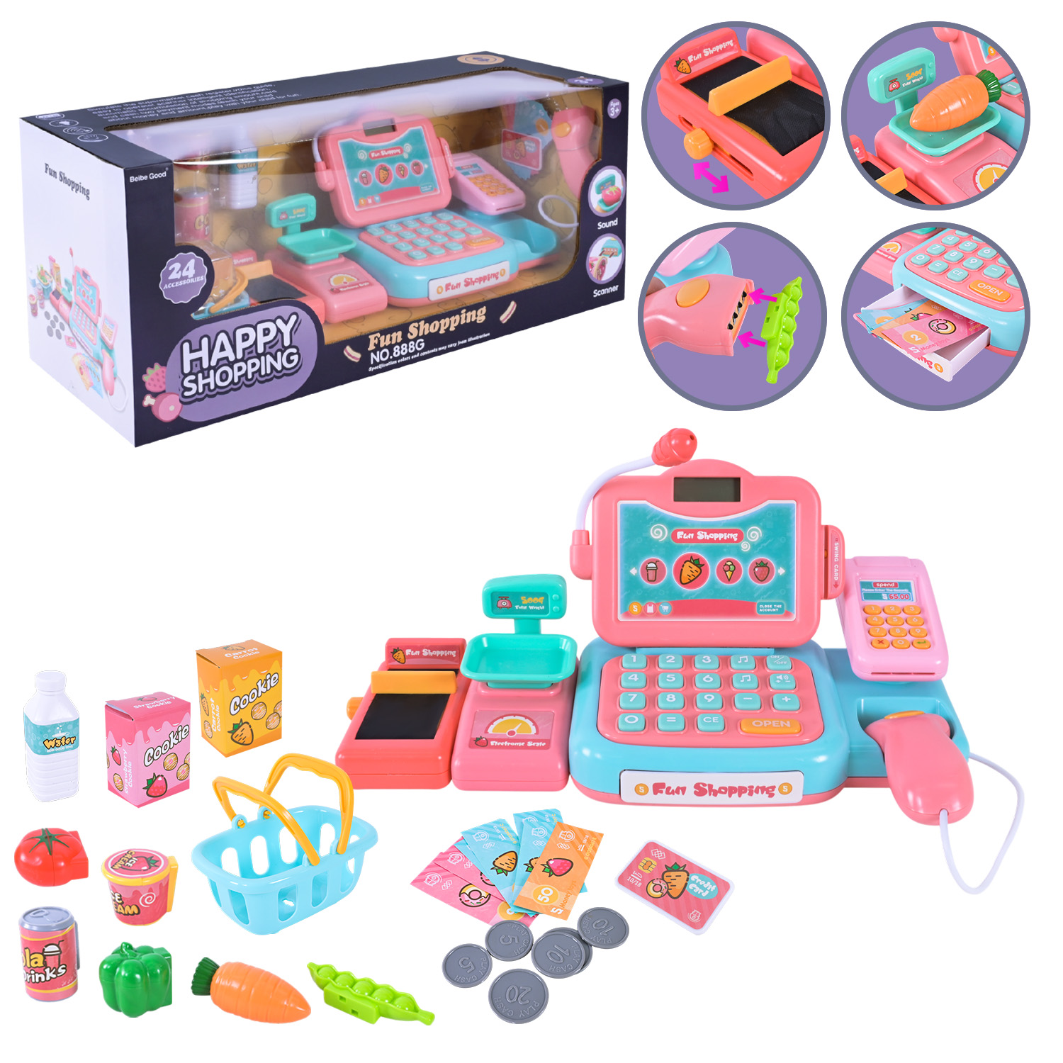 Касовий апарат 33 см зі світлом, звуком та 24 аксесуарами, у коробці 48х18х20 см