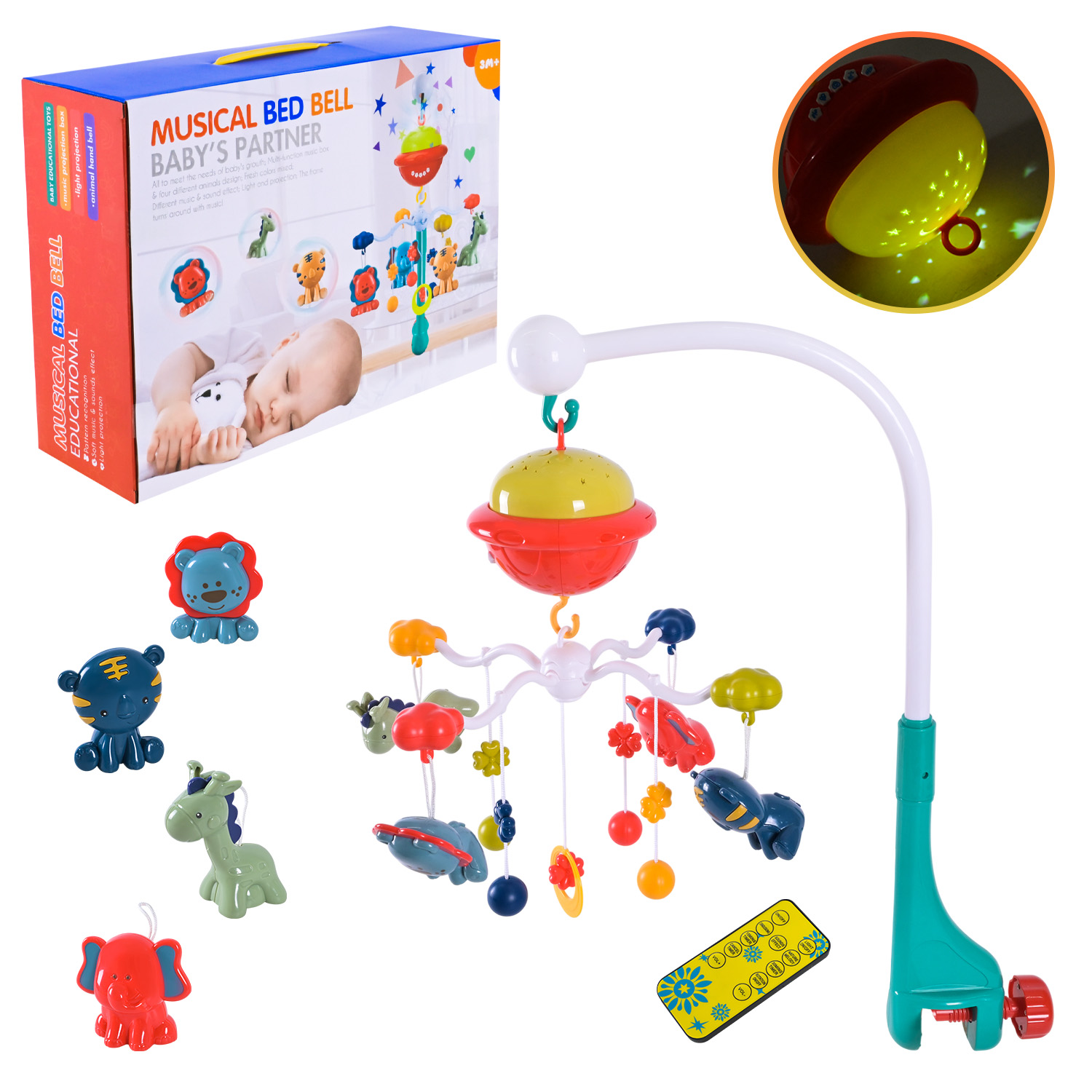 Мобіль р/к музичний зі світлом та підвісками, на батарейці, у коробці 37х36х12 см