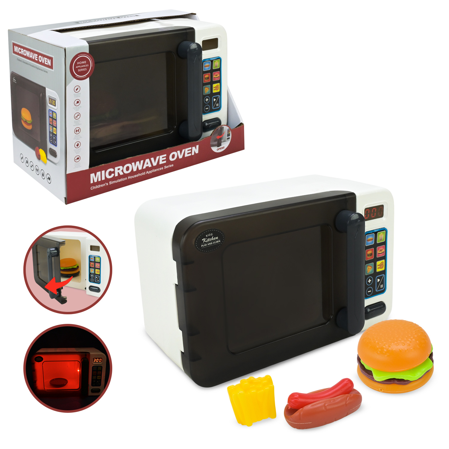 Іграшкова мікрохвильова піч зі світлом, аксесуарами та рухомими деталями, на батарейці, у коробці 29х17х19 см