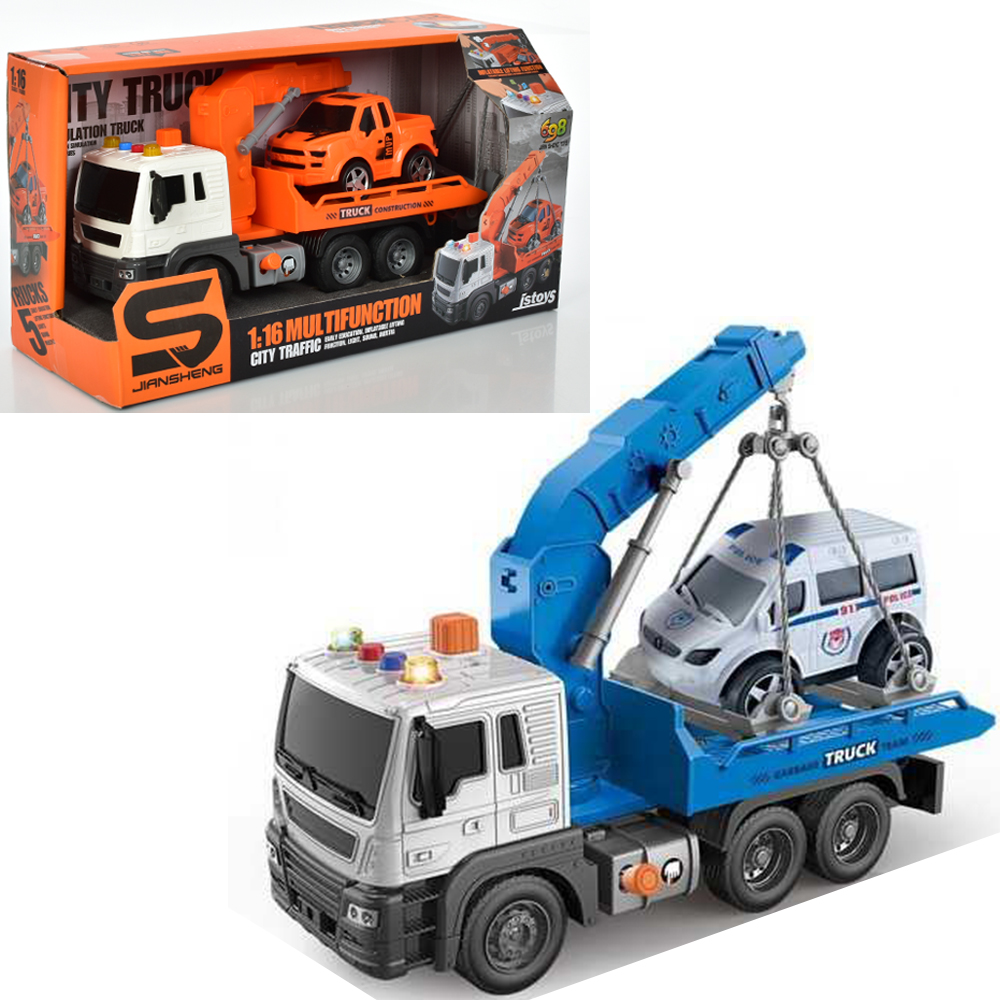 Евакуатор 24 см інерційний зі звуком та світлом та машинка 10 см, на батарейці, в асортименті, у коробці 33х17,5х13 см.