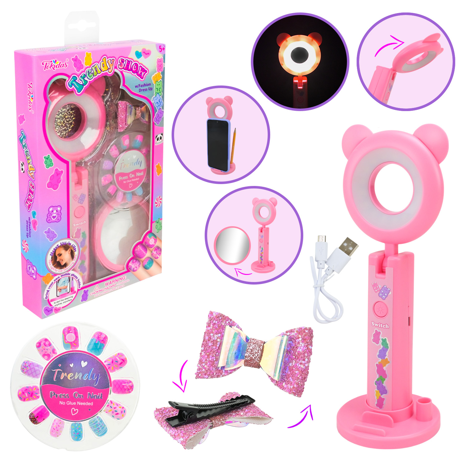 Косметичний столик: лампа з USB, наліпки на нігті, дзеркало та аксесуари, у коробці 15,5х4х26 см