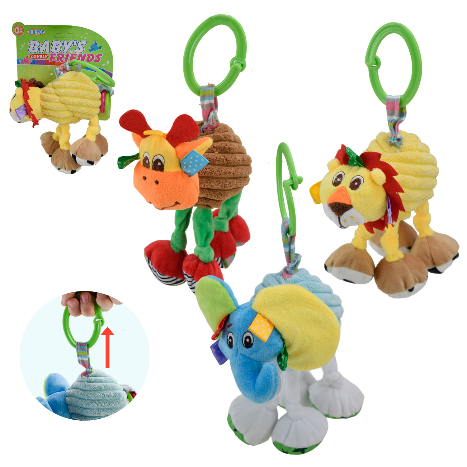 Підвіска-брязкальце на ліжечко чи візочок з тактильними частинами, в асортименті, на планшетці 14,5х14,5 см