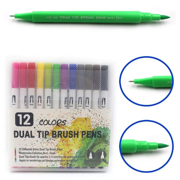 Набір лайнерів-пензликів на 12 кольорів двосторонніх на водній основі, пензель 2 мм, лінер 0,4 мм