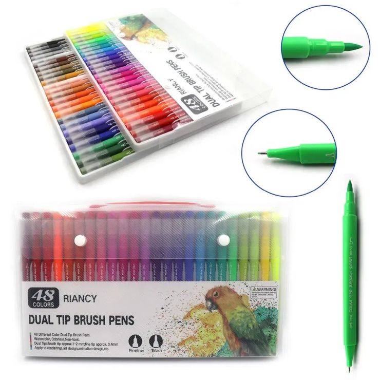 Набір лінерів-пензелів на 48 кольорів двосторонніх на водній основі, пензель 2 мм, лінер 0,4 мм