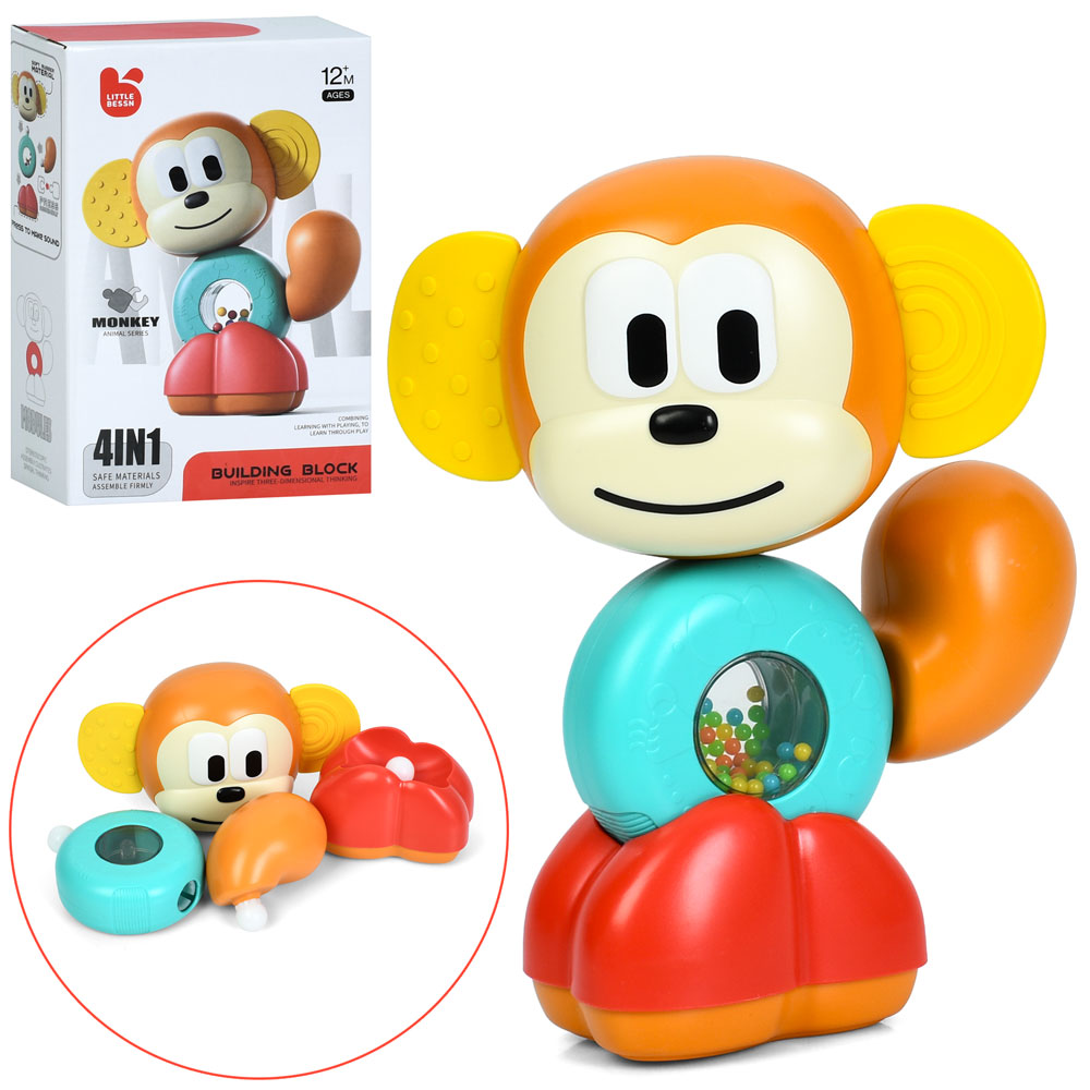 Брязкальце «Мавпочка» 18 см 4 в 1: конструктор, прорізувач, пищалка та текстурні деталі, у коробці 14х20,5х7 см