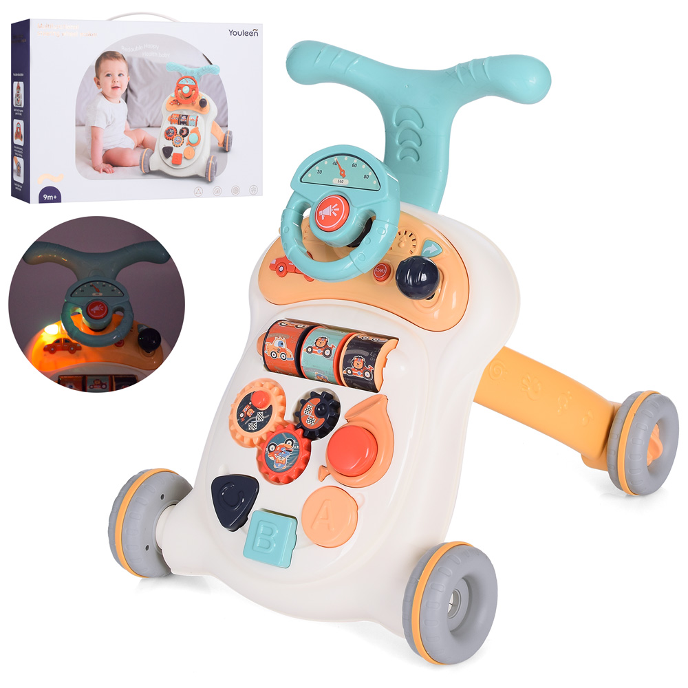 Ходунки-каталка 42х45х47 см музічні зі світлом, кермом, шестернями та сортером, на батарейці, у коробці 55х38х14 см.