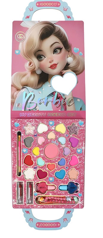 Дитяча косметика: палітра-сумочка з тінями для повік, помада, лак та аксесуари, у коробці 25х15х2 см