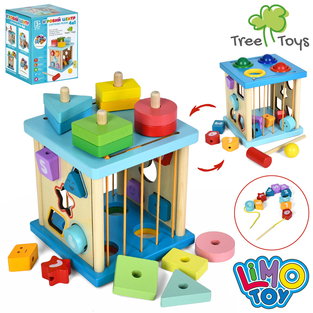 Центр розвивальний 4 в 1 дерев`яний: куб, сортер з 10 фігурками, шнурівка, стукалка, боки-гумки, геометрія з 12 фігур, у коробці 15х18,5х15 см,