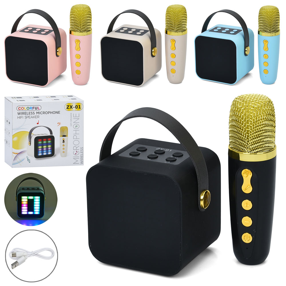 Колонка 8,5х8,5х7 см та мікрофон 13,5 см на акумуляторі зі світлом, Bluetooth, слотом для TF-картки, FM, MP3, в асортименті, у коробці
