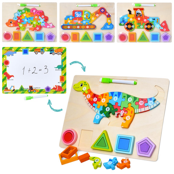 Пазли дерев'яні 2 в 1 на 15 елементів з ігровим полем 30x22,5 см, дошкою для малювання маркером, геометричними фігурами, маркером, в асортименті