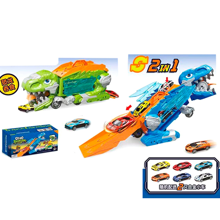 Трейлер «Динозавр» 34 см 2 в 1 з треком 47,5 см, рухомлю щелепою та 2 металевими машинками по 6 см, в асортименті, у коробці 34х15х13 см.