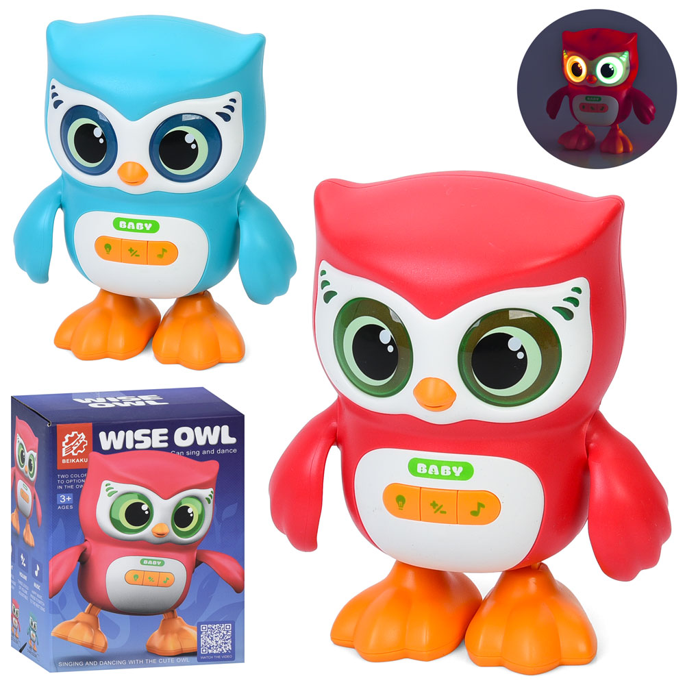 Сова 15 см музична зі світлом та рухомими деталями, на батарейці, в асортименті, у коробці 11,5х16х9 см