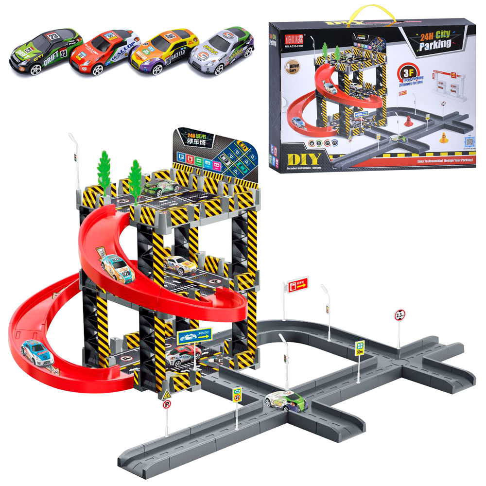 Гараж 62х70х41 см 3-поверховий з 4 машинками по 7 см, дорожніми знаками, у коробці 48х36х10 см