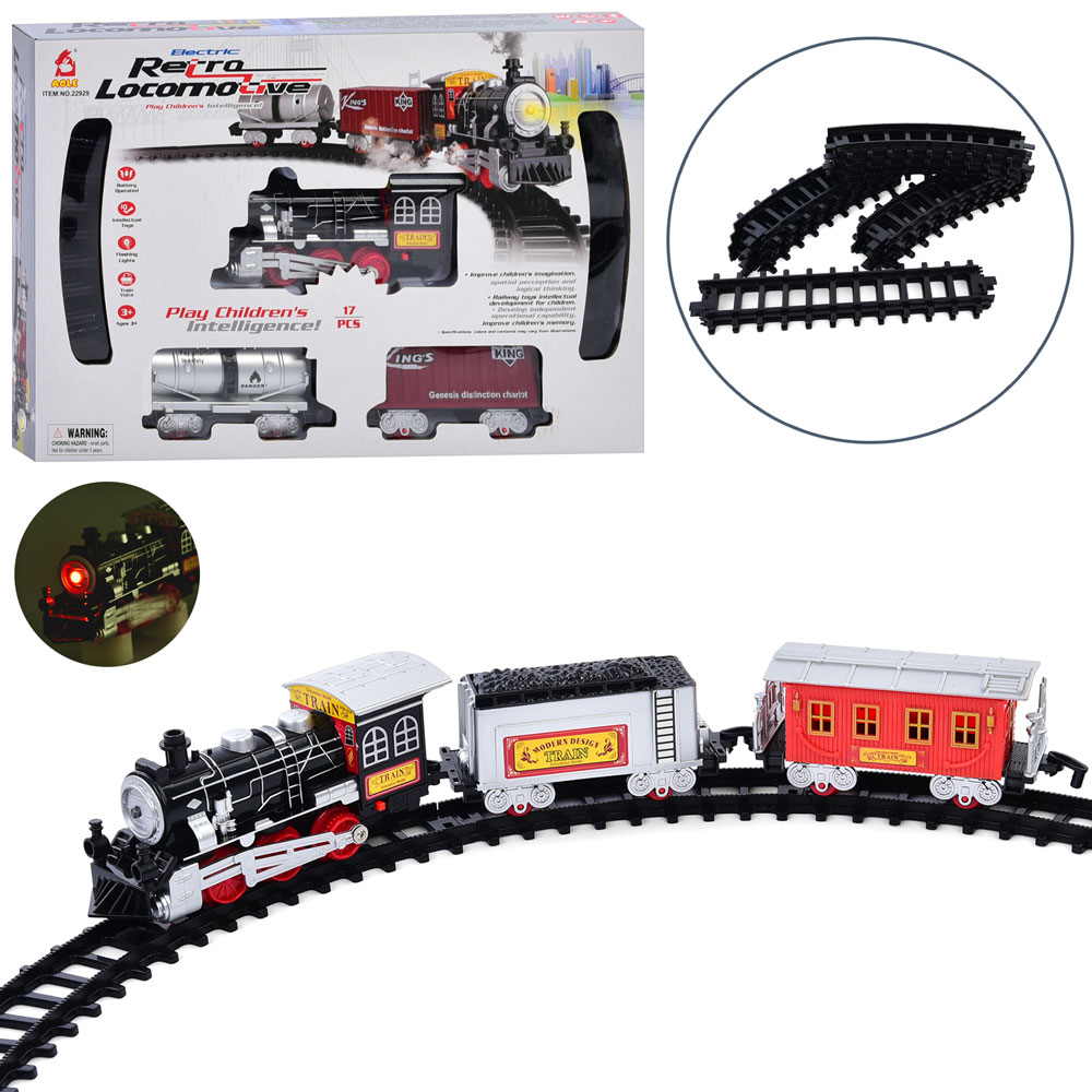 Залізниця 88-66 см зі звуком та світлом з 17 деталей: локомотив, 2 вагони, на батарейці, в асортименті, у коробці 40,5х26х5,5 см.