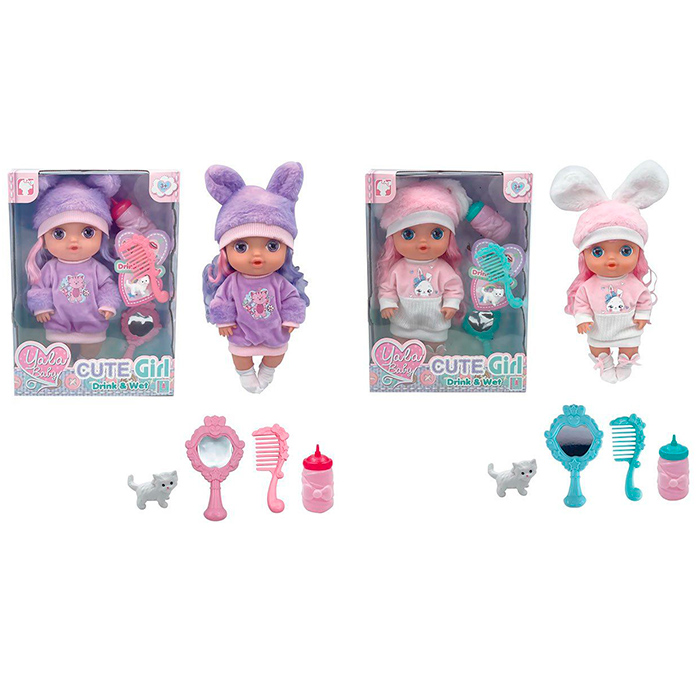 Пупс 30 см п'є-писяє з пляшечкою, гребінецам, дзеркалом та котиком, в асортименті, у коробці 23,5х32,5х10,5 см