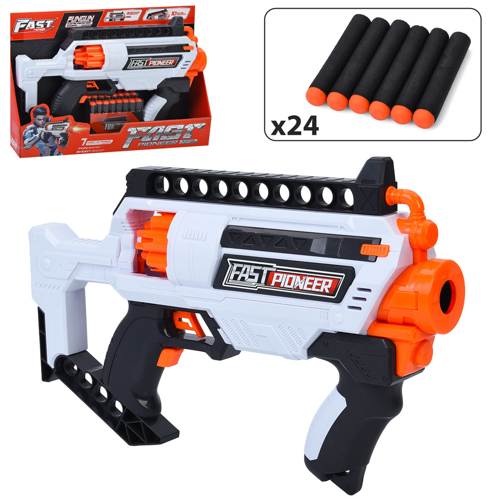 Іграшковий автомат 35 см 24 м'якими кулями, на батарейках, у коробці 37х26х7,5 см.