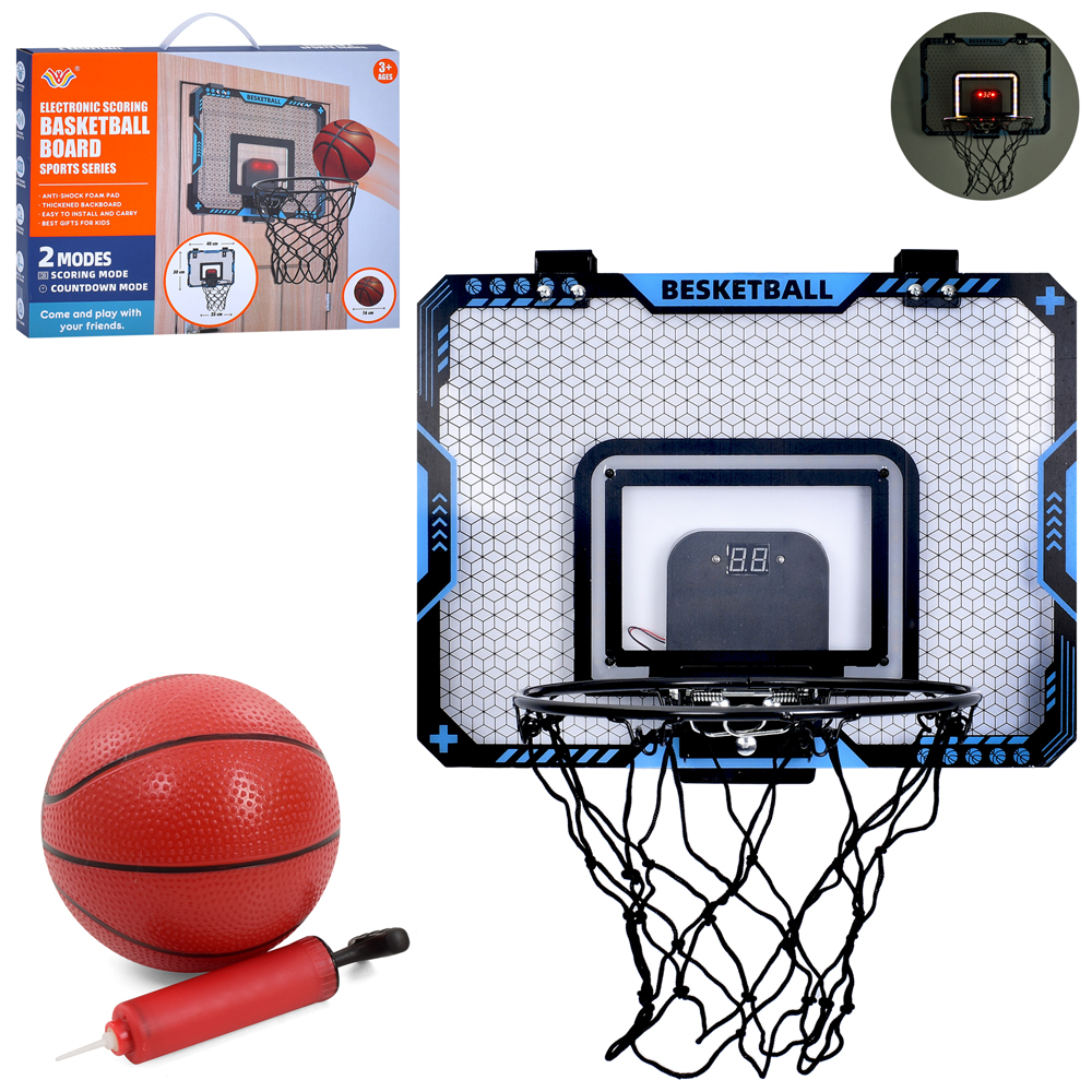 Набір баскетбольний зі світлом та звуком: металеве кыльце 25 см з сіткою, щит 40х30 см, електронний лічильник, таймер, м'яч, насос, на батарейці, у коробці 31х41х5 см