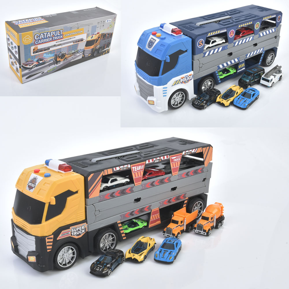 Трейлер 38 см зі звуком, світлом, гумовими колесами, треком та 4 машинками, на батарейці, в асортименті, у коробці 39х17х11 см