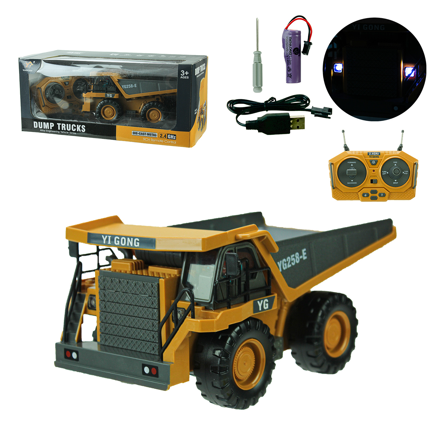 Самоскид р/к на акумуляторі зі світлом та звуком, у коробці 34,6х15,2х16,6 см