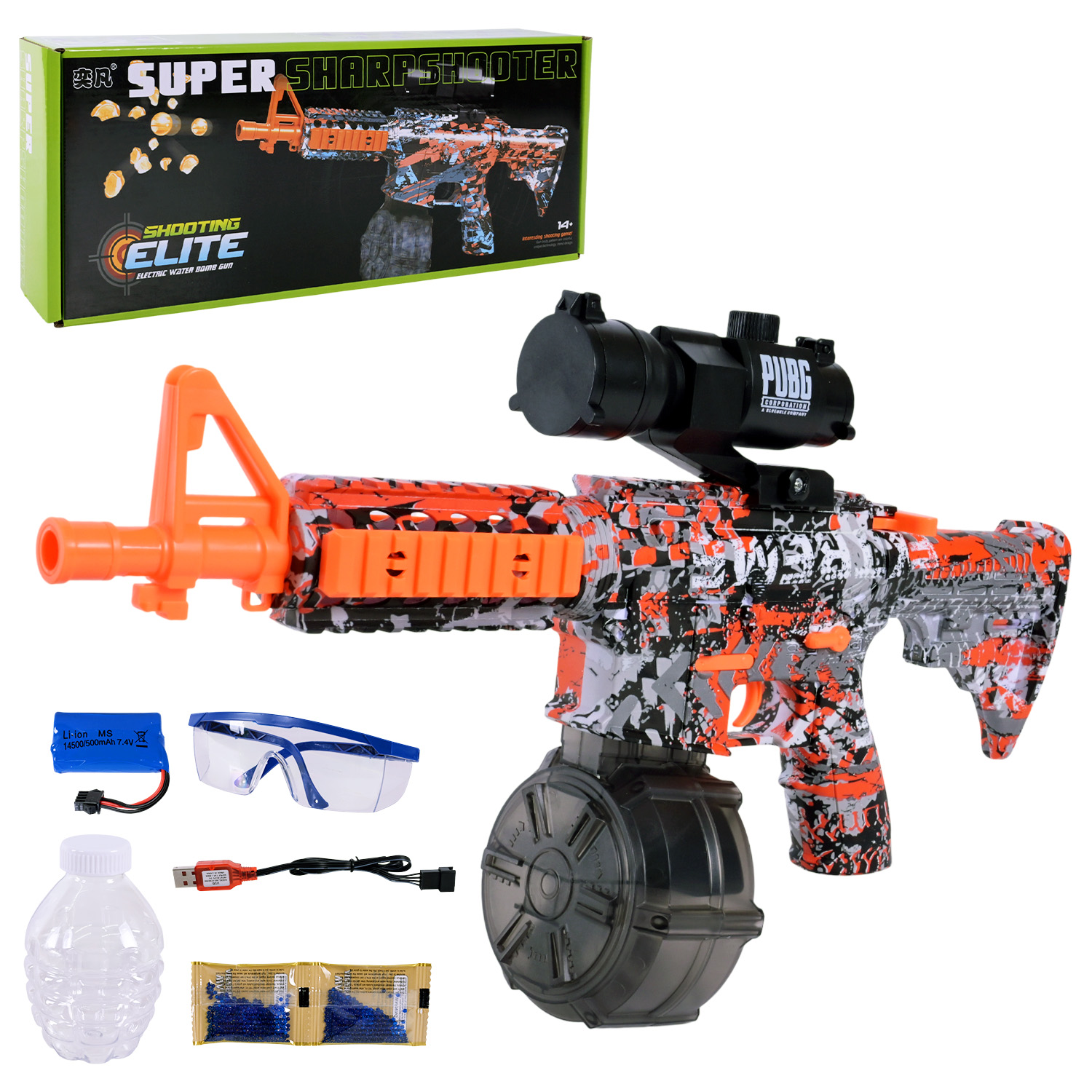 Іграшковий бластер 48 см з захисними окулярами, стріляє гелевими кулями, на батарейці, у коробці 47,5х7,5х18,5 см.