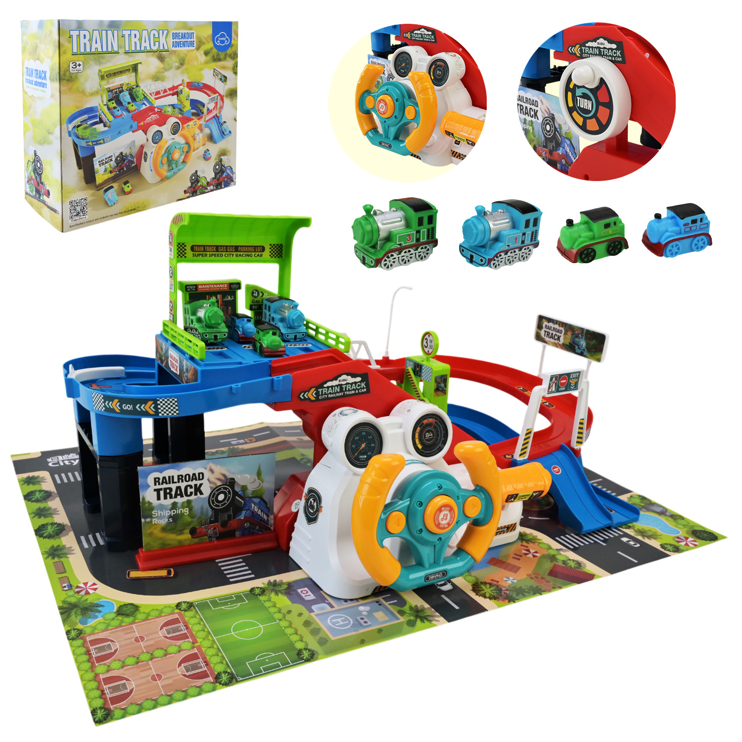 Паркінг зі звуком та 4 паровозики, на батарейці, у коробці 29,5х27х12,3 см