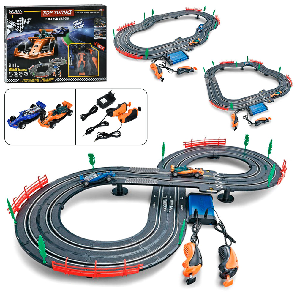 Трек 280/100х50х12 см р/к на шнурі та 2 пультах, 2 машинки 1:43, від мережі 220 V, у коробці 46х38х7 см